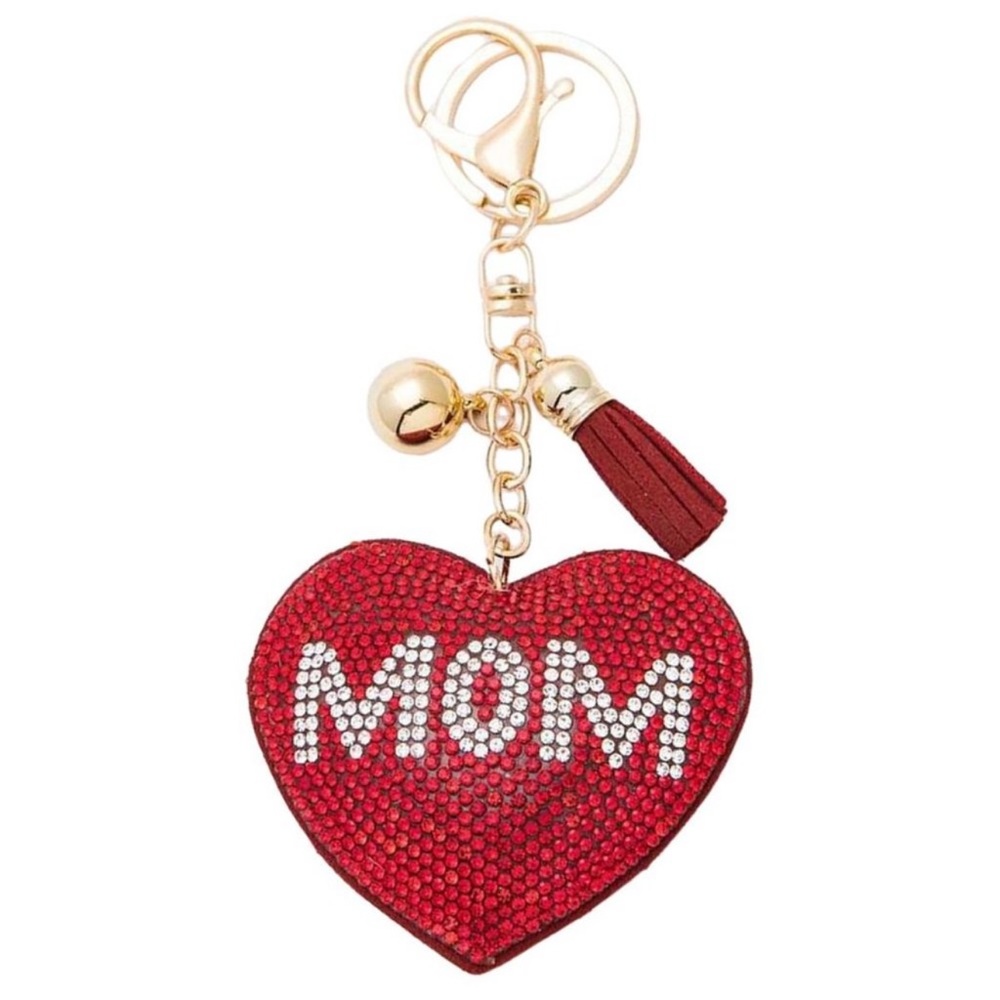 NWT Rhinestone puffy MOM on heart keychain purse charm with tassel
